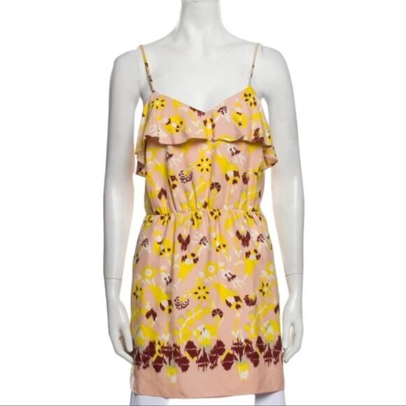 Tibi Silk Floral Abstract Mini Ruffle Tunic Dress Size 8 Yellow Pink Floral - Picture 2 of 14